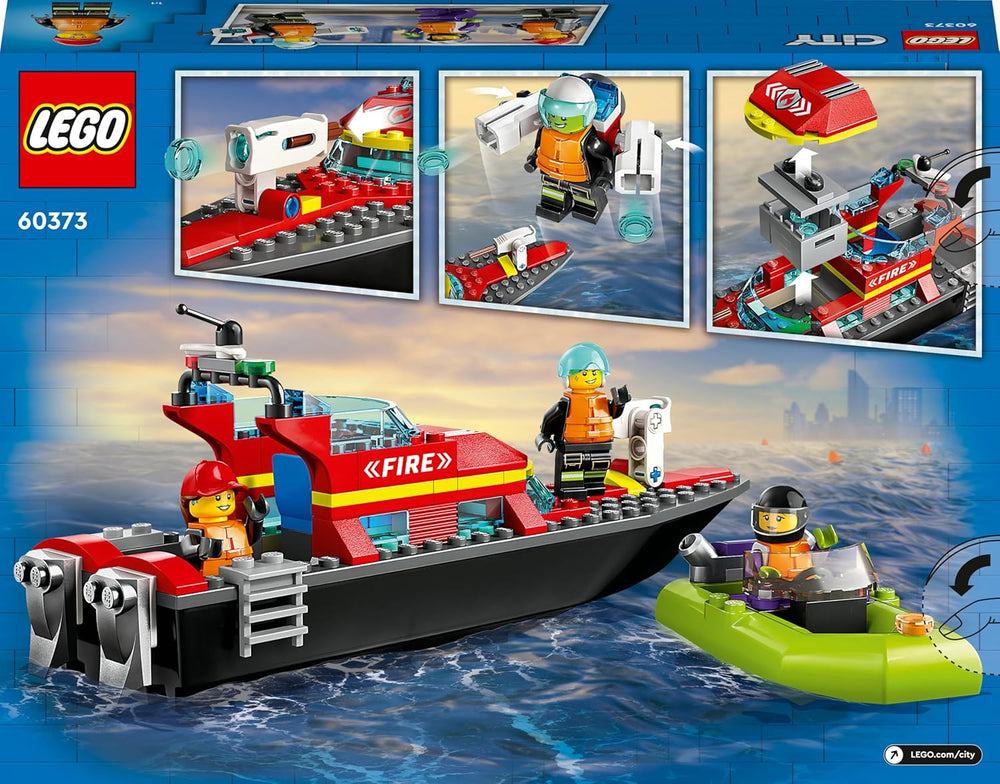 LEGO 60373 City Feuerwehrboot, jeu, l'eau dans l'eau, avec Rennboot, 3 figurines et Jetpack, Feuerwehr-Boot-Spielzeug conçu pour les jeunes et les filles à partir de 5 ans
