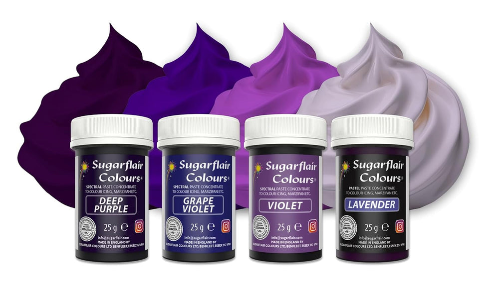 Sugarflair Pasta Colorant Alimentaire Violet Lot de 4 Pâtes Colorant Alimentaire Fondant Massepain Pâte à Sucre Crème Au Beurre et Plus encore : Violet, Lavande, Raisin Violet, Violet Foncé - Lot de 4