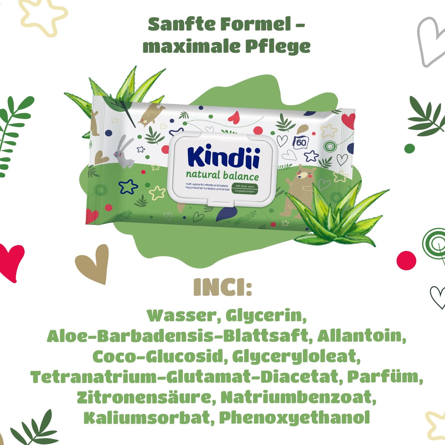 Lingettes humides Kindii Natural Balance pour bébés – (1 x 60 pcs.) Lingettes humides pour bébés et enfants – Protectrices, Aloe Vera, Parfum délicat – 60 pcs.