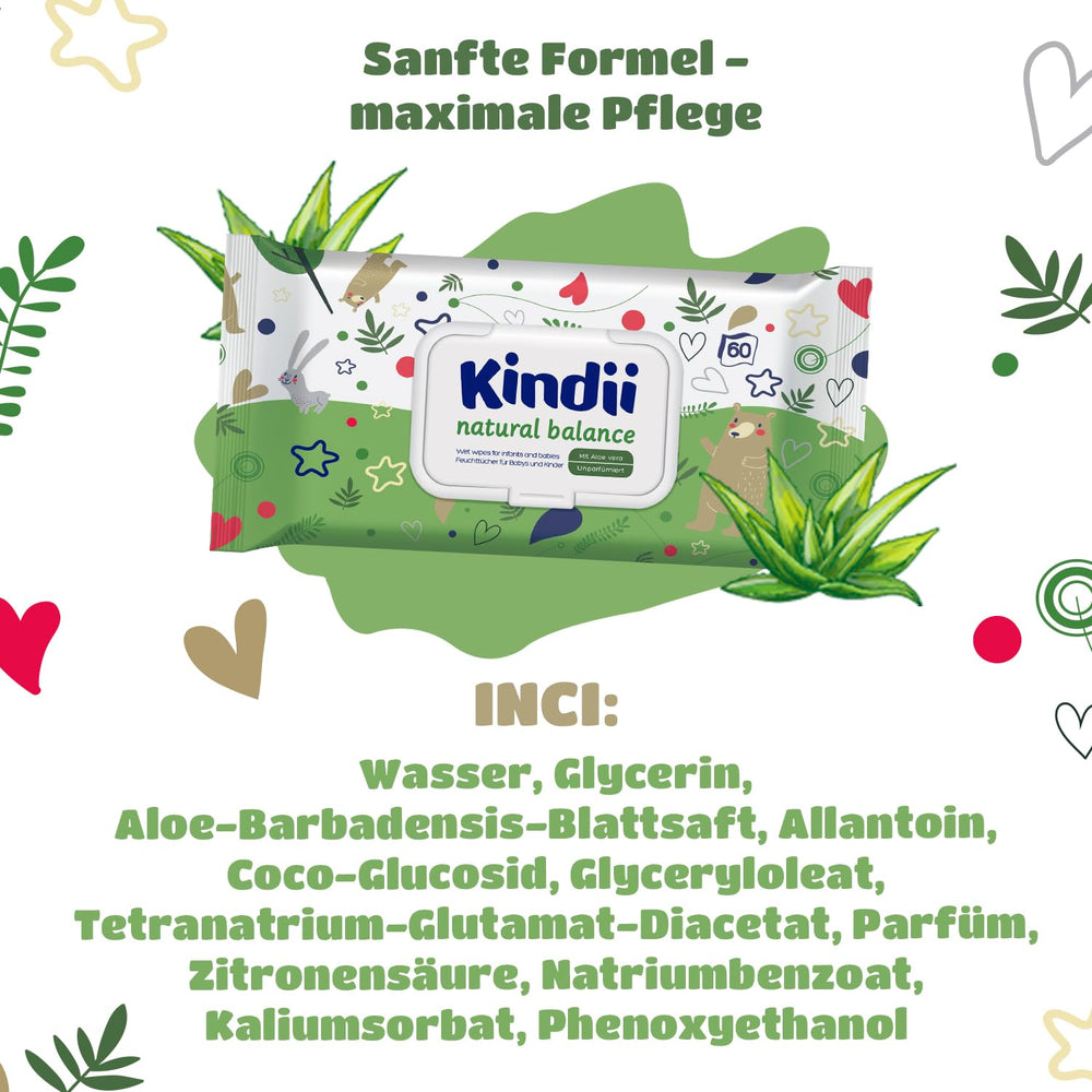 Lingettes humides Kindii Natural Balance pour bébés – (1 x 60 pcs.) Lingettes humides pour bébés et enfants – Protectrices, Aloe Vera, Parfum délicat – 60 pcs.