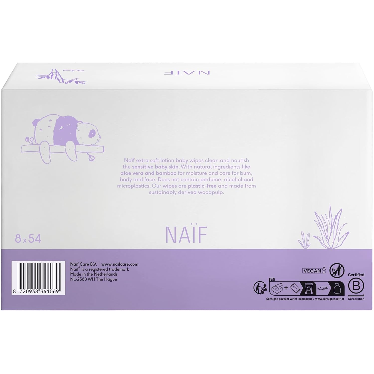 Naïf - Lingettes humides avec lotion sans plastique - 1296 pièces (24 paquets de 54 lingettes) - pour bébés et enfants - Fesses, corps et visage de bébé - à l'Aloe Vera et au Bambou - 0% Parfum et Alcool