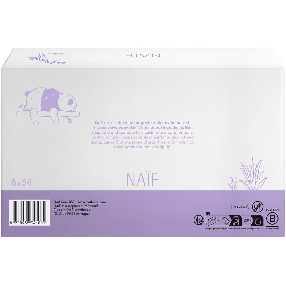 Naïf - Lingettes humides avec lotion sans plastique - 1296 pièces (24 paquets de 54 lingettes) - pour bébés et enfants - Fesses, corps et visage de bébé - à l'Aloe Vera et au Bambou - 0% Parfum et Alcool