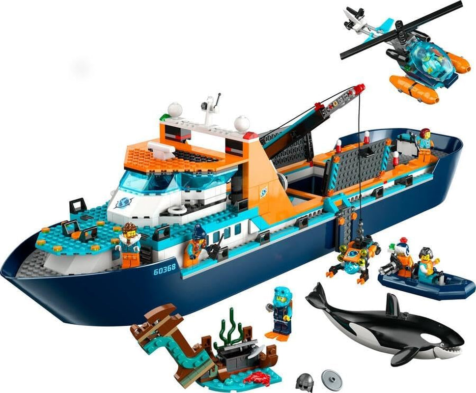 Navire de recherche arctique LEGO City, grand bateau jouet flottant avec hélicoptère, bateau gonflable, sous-marin Rov, épave viking, 7 figurines et figurine d'orque, cadeau pour les enfants à partir de 7 ans 60368 Ensembles de construction Besuche den LEGO-Store
