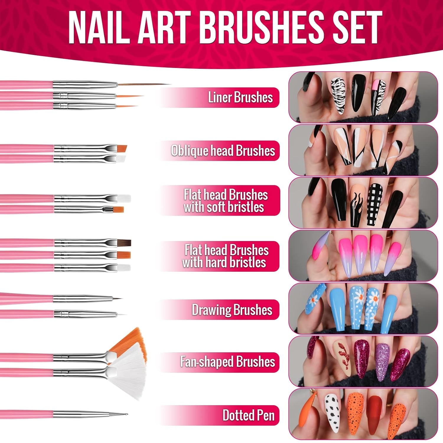 FANDAMEI Nail Art Brush Set, 15 pièces de pinceaux pour pinceaux à ongles en gel, 5 pièces de stylos à points, 10 rouleaux de pinceaux à bandes, des pinceaux à strass, des paillettes ultra fines pour vernis à ongles