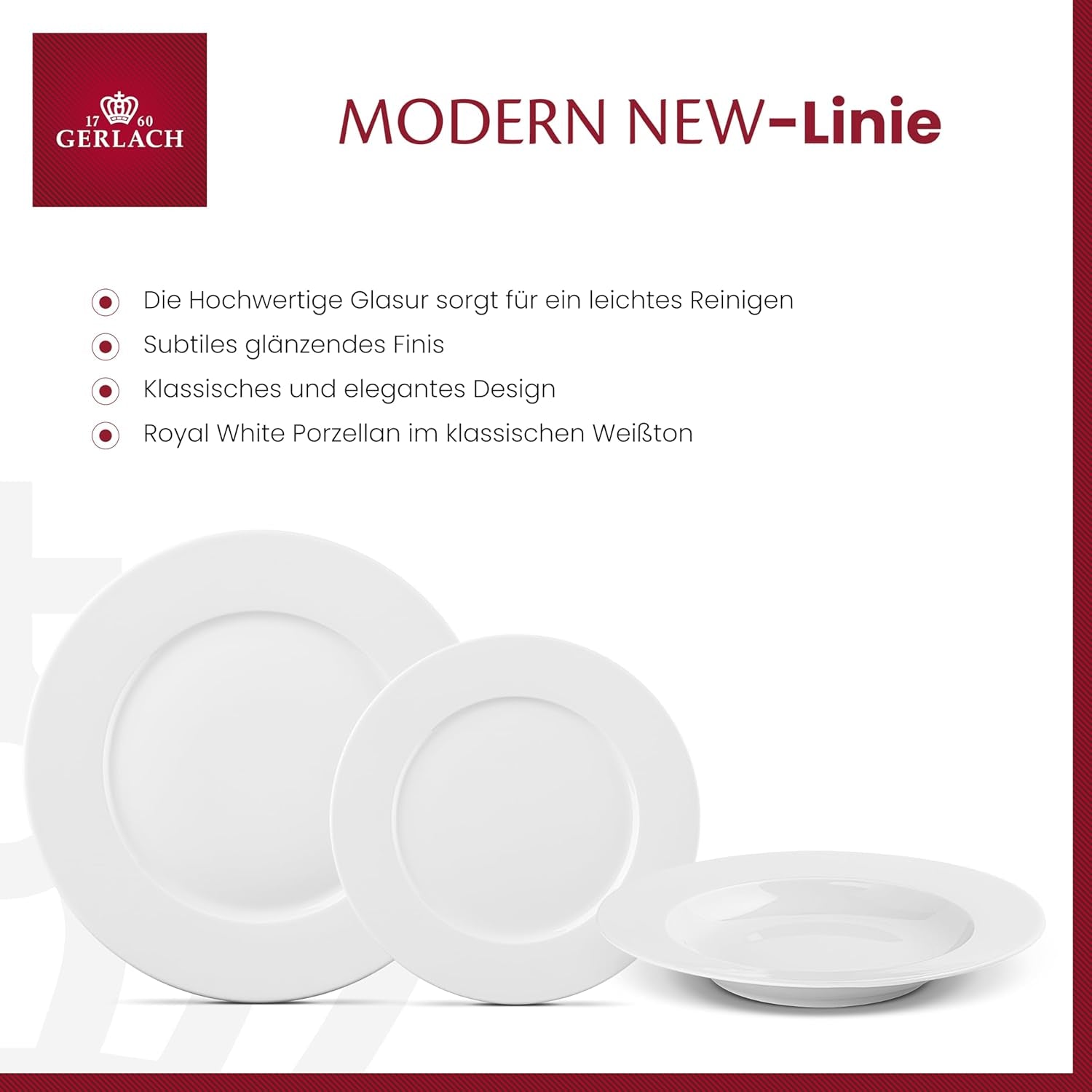 Service de table Gerlach 1760 - 18 pièces - Service de table pour 6 personnes - Service d'assiettes - Porcelaine moderne, blanc