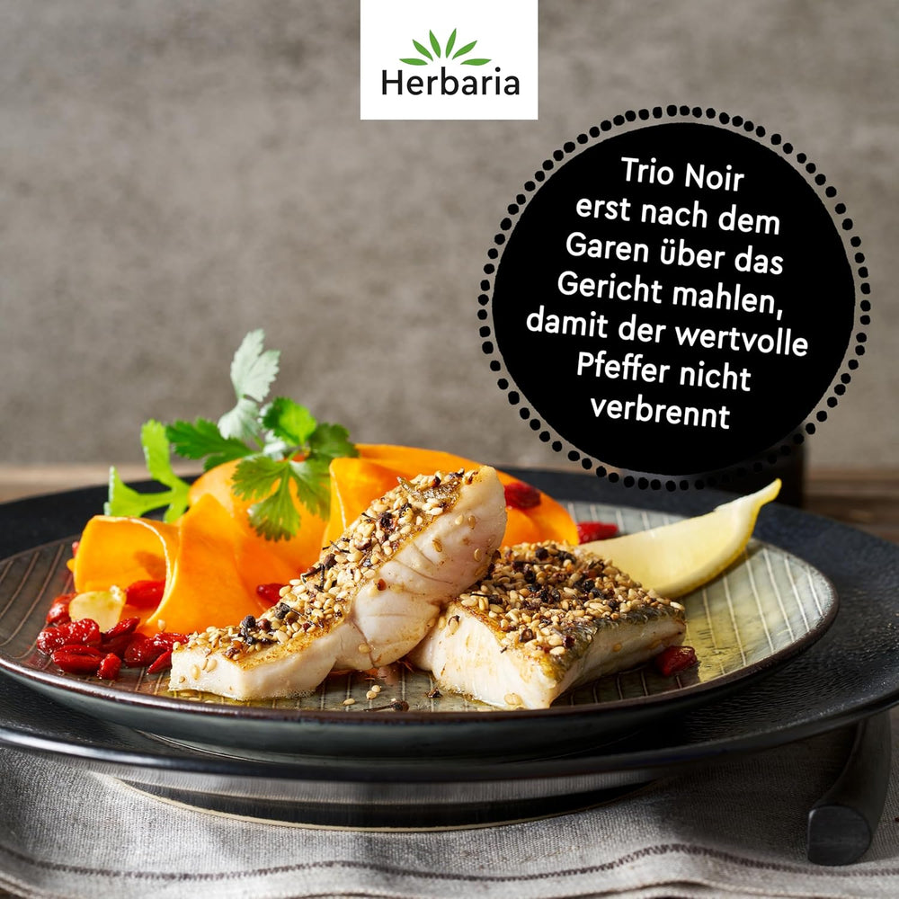 Herbaria Trio Noir bio 75g M-Dose – Bio Pfeffer schwarz ganz – ganze Pfefferbeeren – schwarze Pfeffermischung aus biologischem Anbau von trois verschiedenen Regionen - in nachhaltiger Aromaschutz-Dose