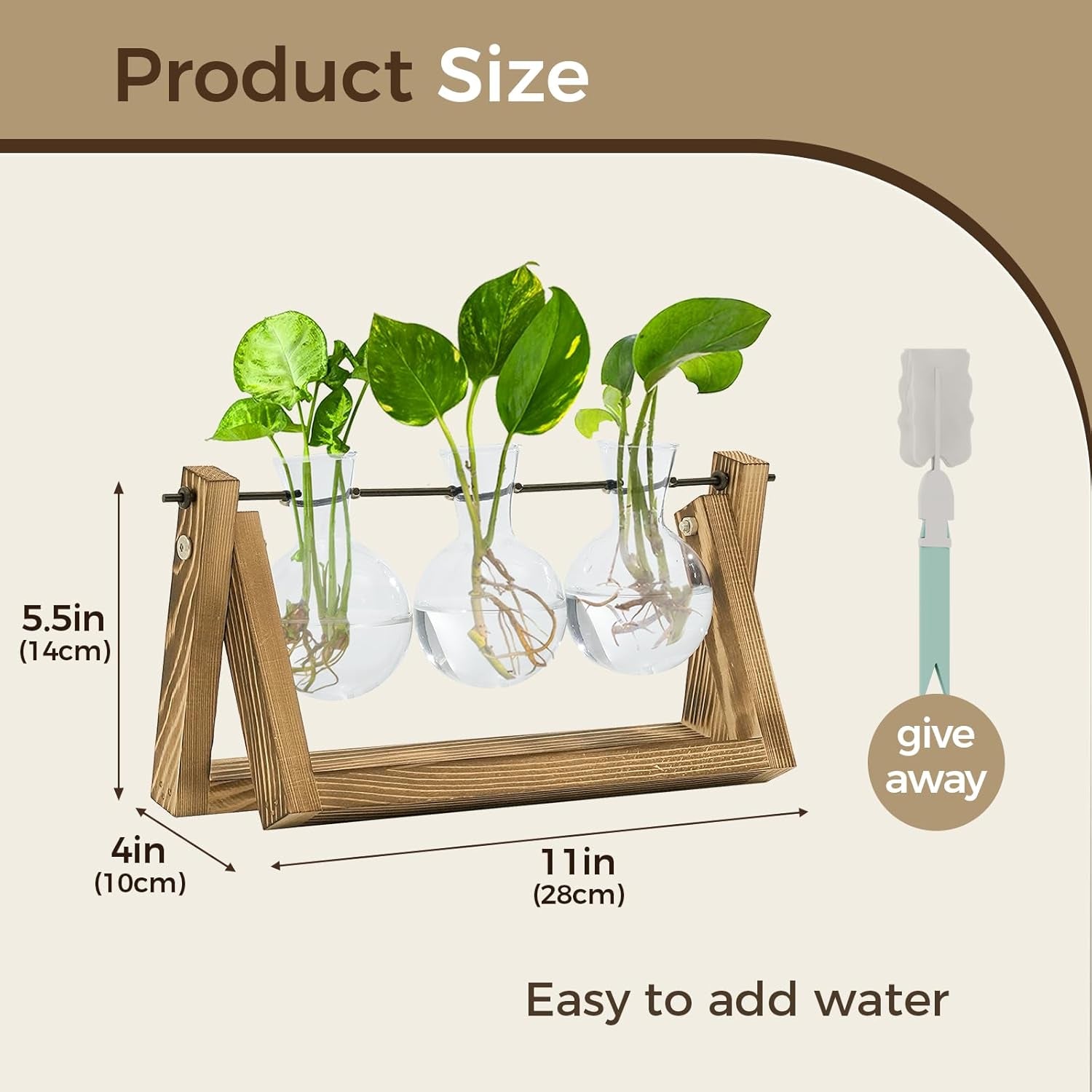 Bamworld Station de propagation hydroponique avec support en bois – 3 vases en verre pour la culture de plantes aquatiques et la décoration de la maison