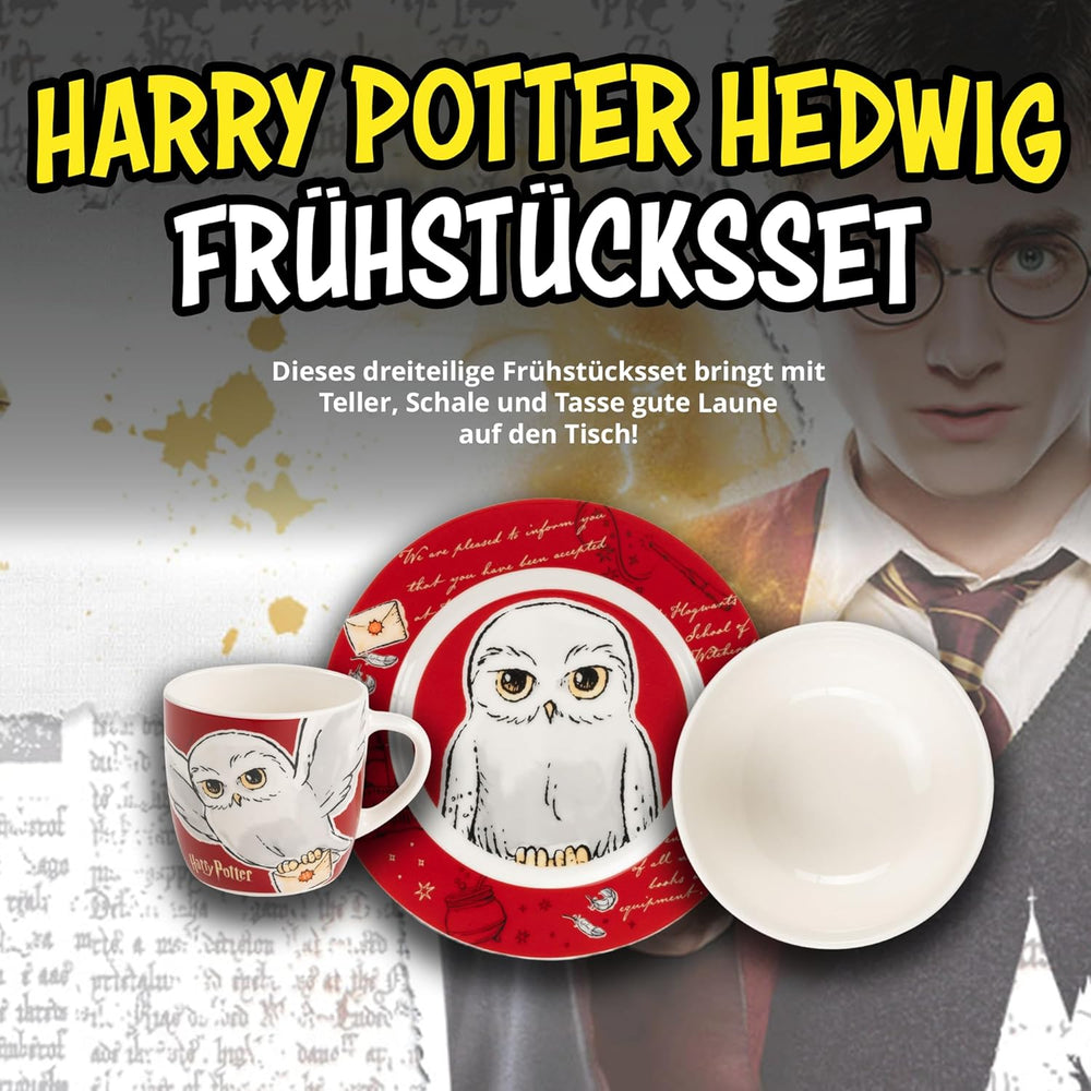 Service de table Harry Potter 3 pièces, rouge, service de petit-déjeuner en porcelaine avec assiette Ø 19 cm, tasse 220 ml et bol 330 ml, service de table