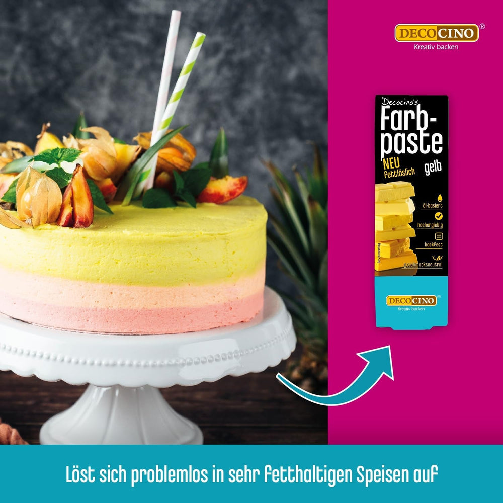 DECOCINO Pâte colorante liposoluble jaune - 15 g - Colorant alimentaire à base d'huile, idéal pour colorer le chocolat, la crème au beurre, le fondant ou la pâte à biscuits