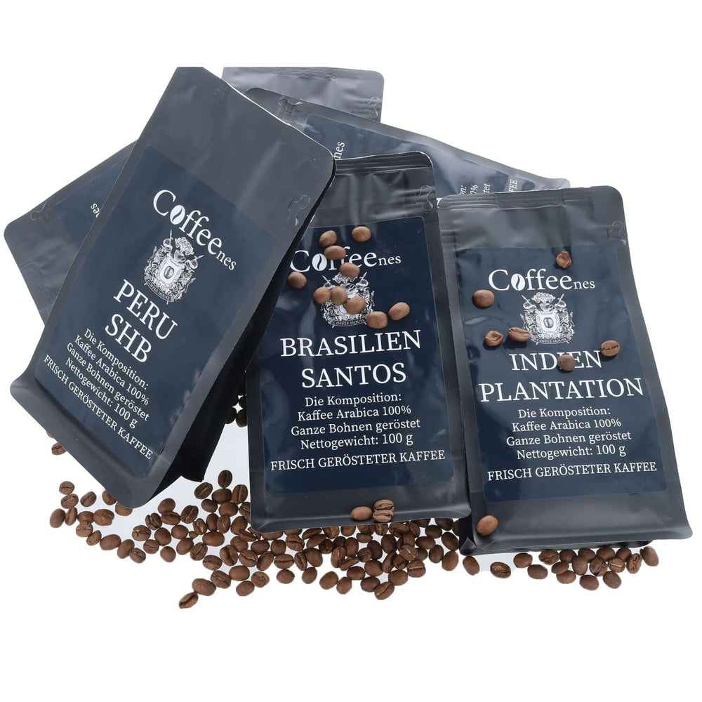 Coffeeness Kaffeebohnen Probierset – Kaffee Geschenk - 6 Sorten ganze Bohnen Arabica aus Brasilien, Pérou, Colombie, Tanzanie, Indien, Ouganda – 6 x 100g