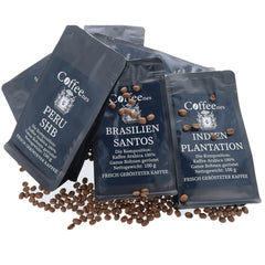 Coffeeness Kaffeebohnen Probierset – Kaffee Geschenk - 6 Sorten ganze Bohnen Arabica aus Brasilien, Pérou, Colombie, Tanzanie, Indien, Ouganda – 6 x 100g