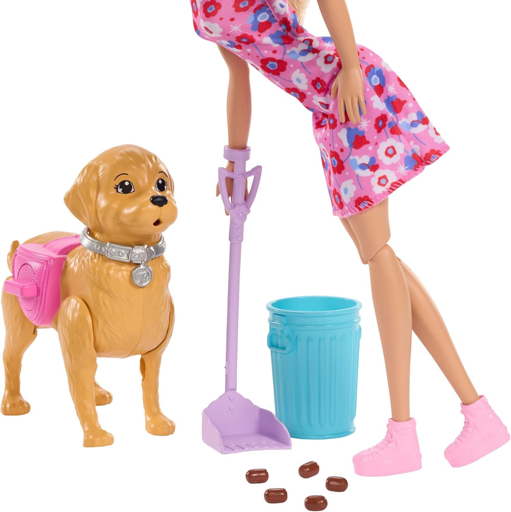 Barbie Hundespaziergang Spielset, enhtät einen Spielzeughund der gehen und Häufchen Machen kann, a Barbie Malibu-Puppe sowie EIN Kehrset and Hundezubehör, JJB46