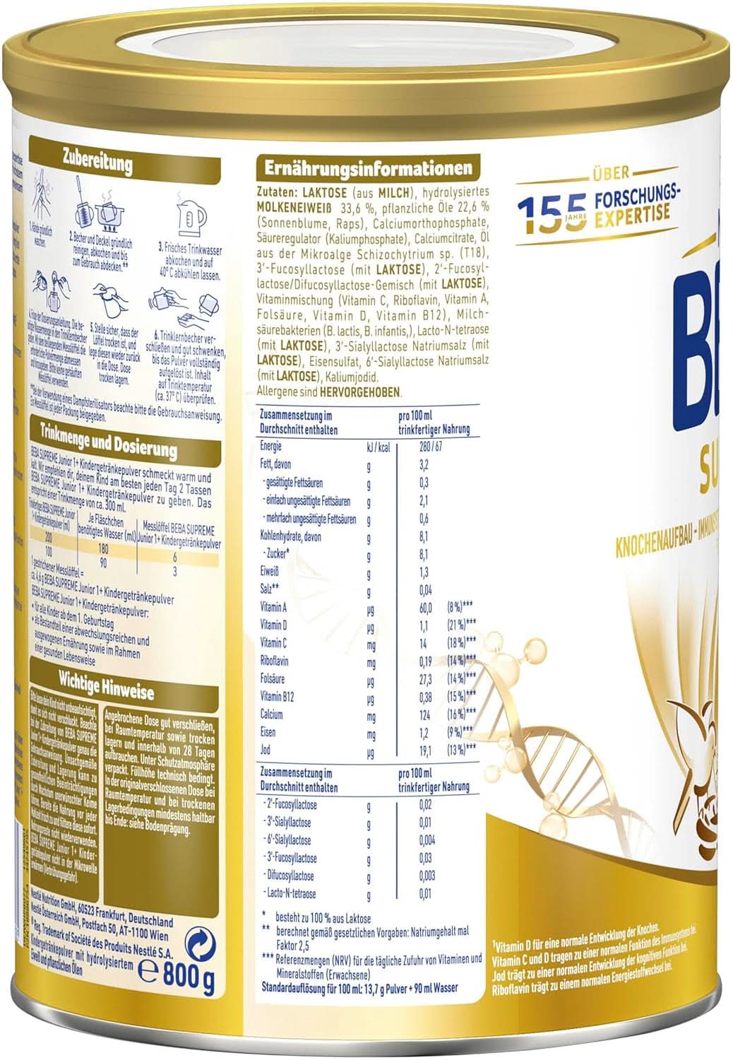 Boisson pour enfants BEBA SUPREME Junior 1+ à partir de 1 ans, nourriture pour enfants avec complexe 6 HMO, uniquement lactose, sans huile de palme, pack 6 (6 x 800 g) Mère et Enfant Naty Shop