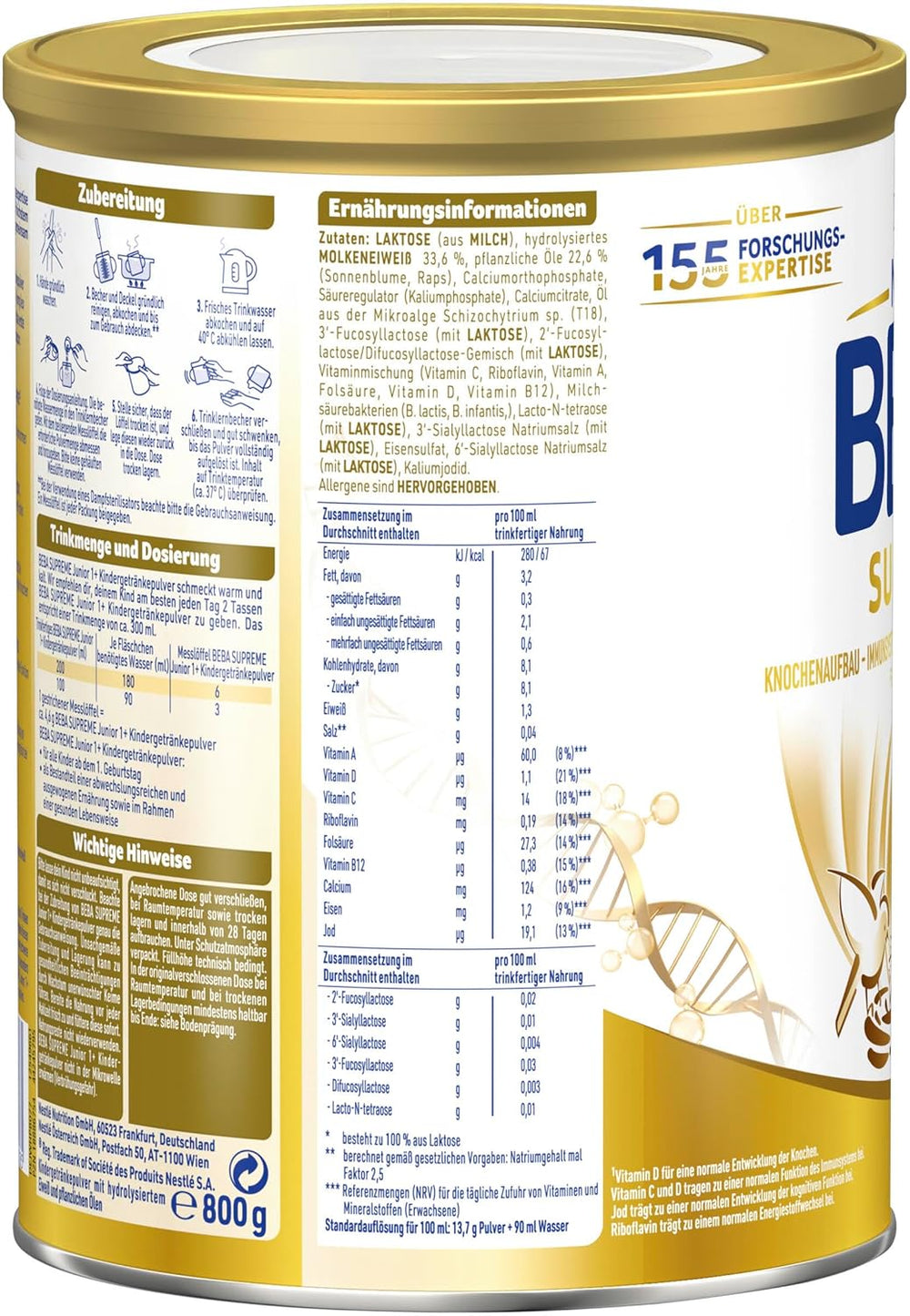 BEBA SUPREME JUNIOR 1 Plus - Boisson pour enfants à partir de 1 an, au complexe 6 HMO, sans lactose, sans huile de palme, sans huile de poisson, nourriture pour petits enfants, lait en poudre pour bébé, pack de 6 (6 x 800g)