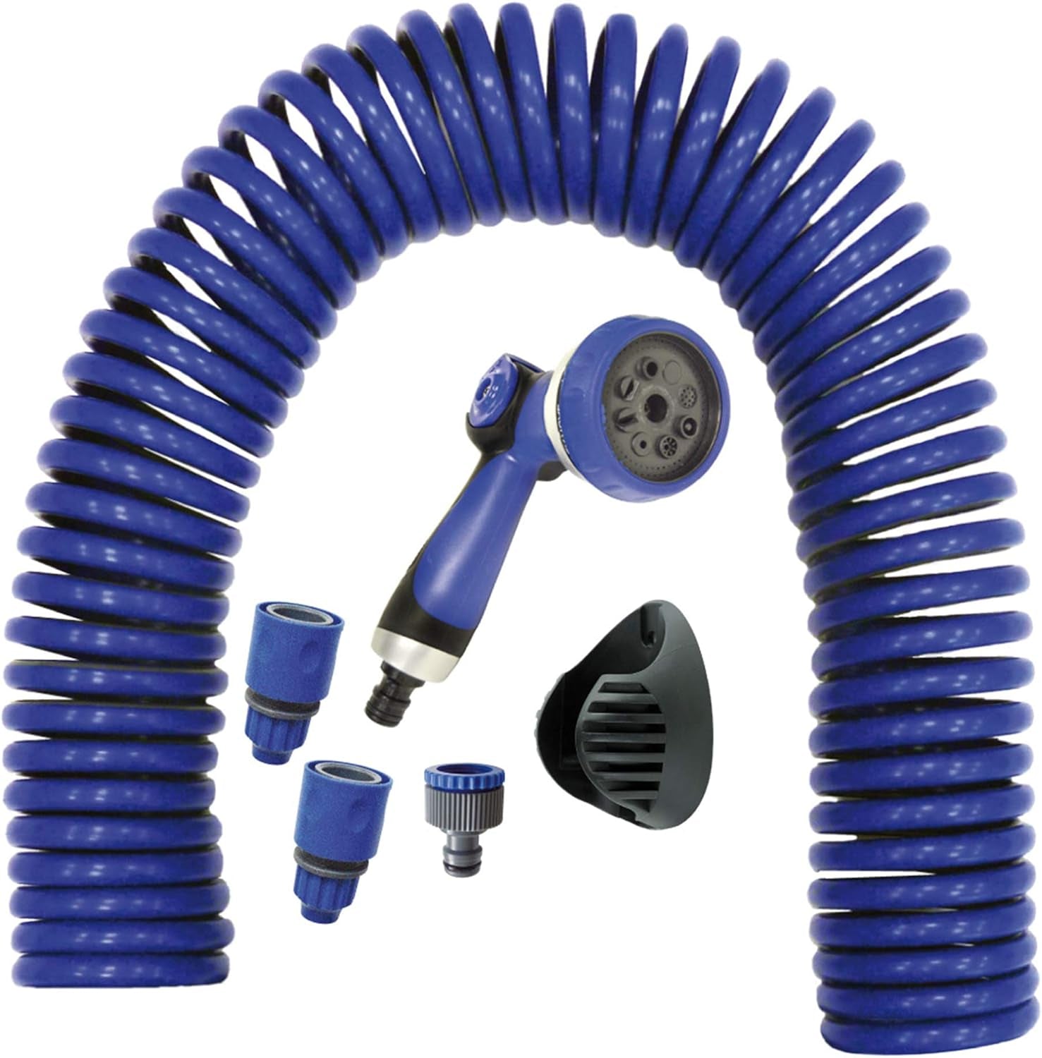 590078 – Jeu de tuyaux spiralés, bleu, 15 mètres (diamètre 9 mm) + pistolet multifonction avec 8 buses + filetage intérieur automatique avec adaptateur ¾-½ + 2 connecteurs rapides + support de suspension