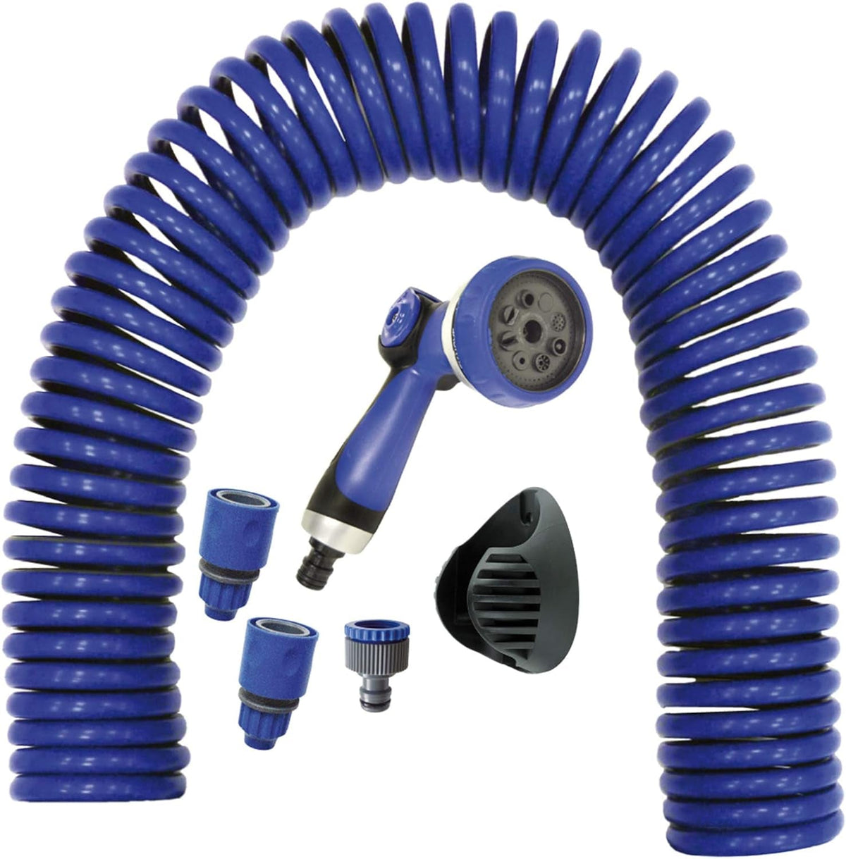 590078 – Jeu de tuyaux spiralés, bleu, 15 mètres (diamètre 9 mm) + pistolet multifonction avec 8 buses + filetage intérieur automatique avec adaptateur ¾-½ + 2 connecteurs rapides + support de suspension