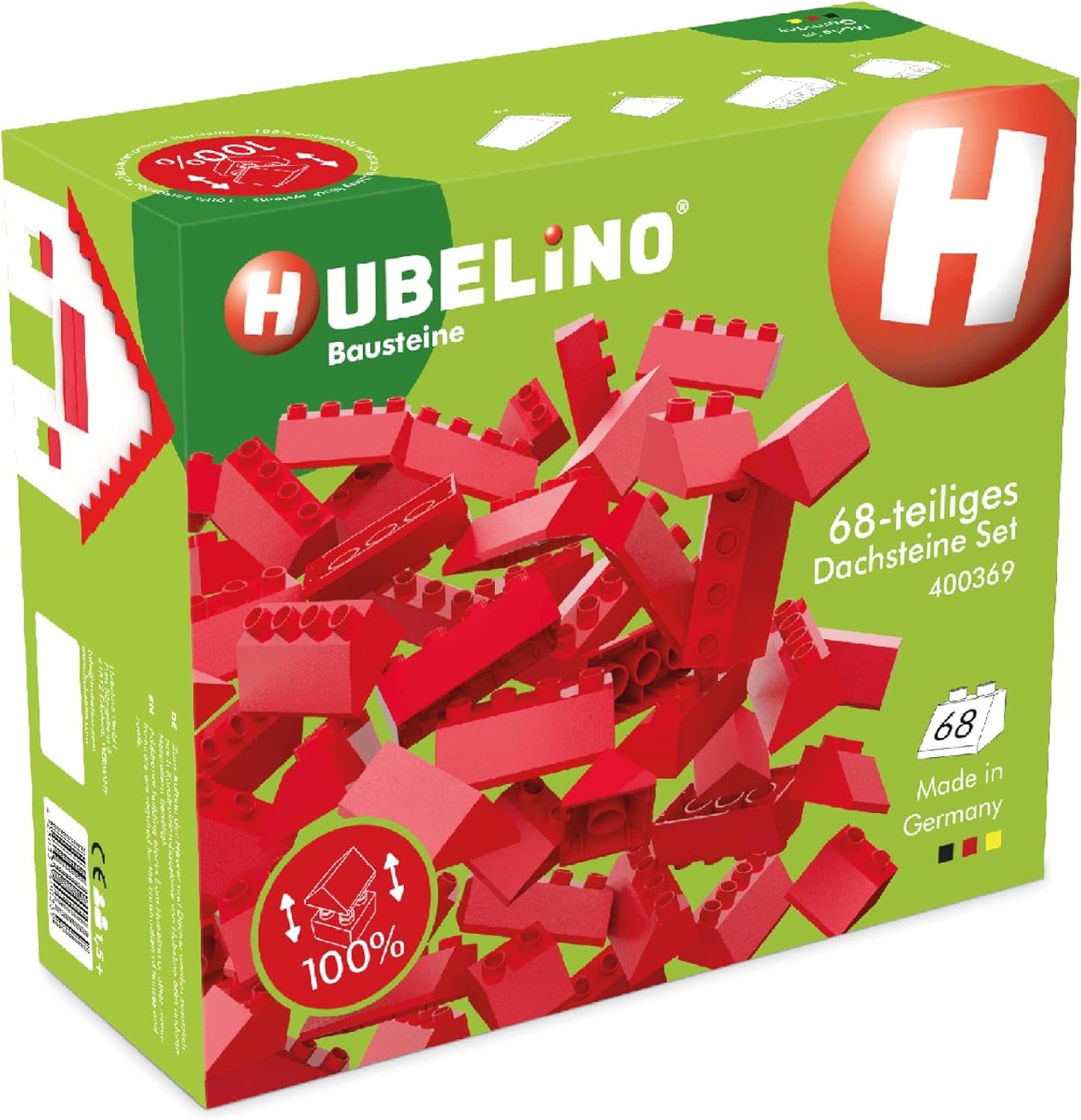 Hubelino 400369 68-teiliges Dachsteine ​​​​Set, rote Dachziegel, compatible mit großen Bausteinen Anderer Hersteller, Made in Germany