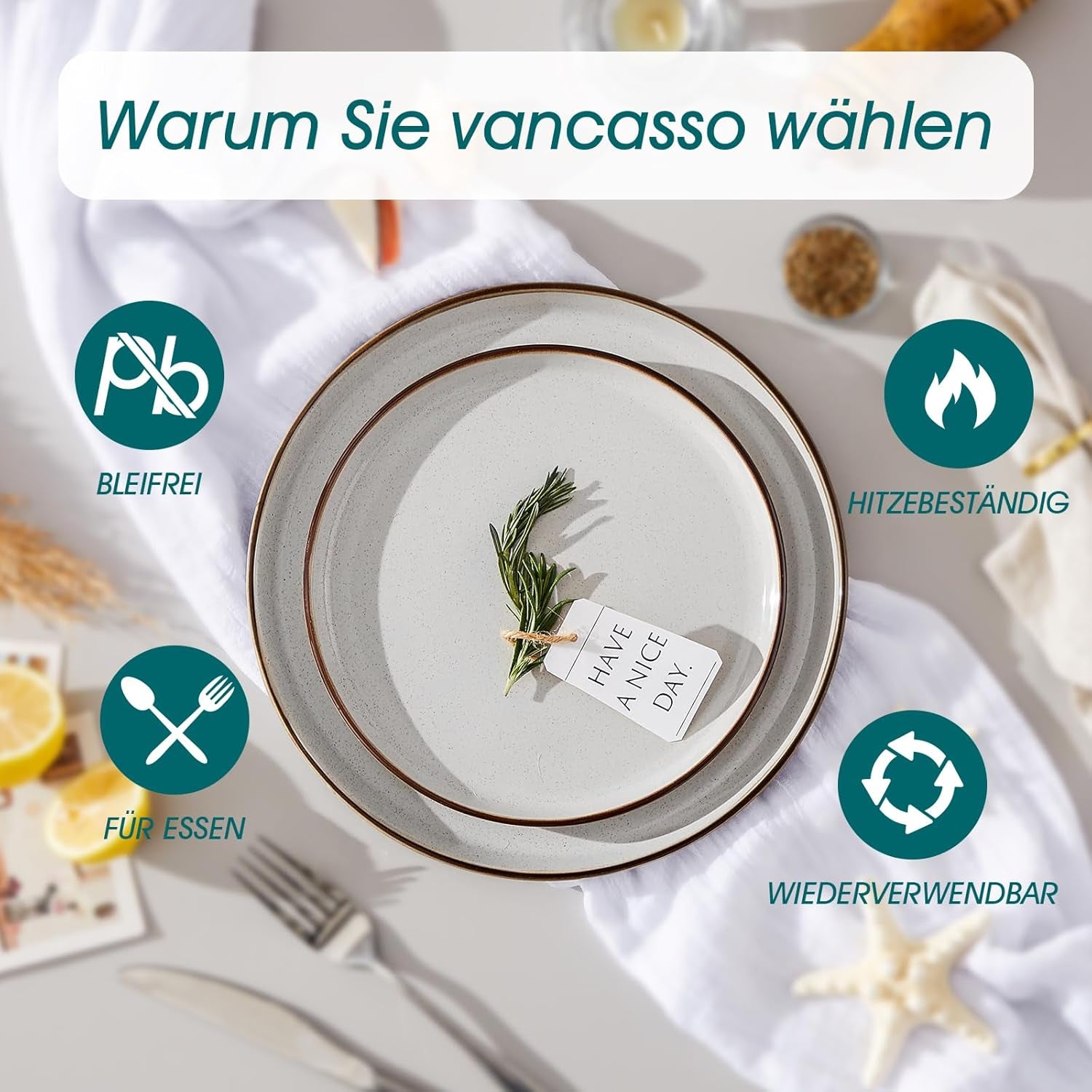 Vancasso LOIRE Service de table en grès pour 6 personnes, service de table 18 pièces pour 6 personnes, gris moderne, comprenant un bol, une assiette à dessert et une assiette plate, passe au micro-ondes et au lave-vaisselle