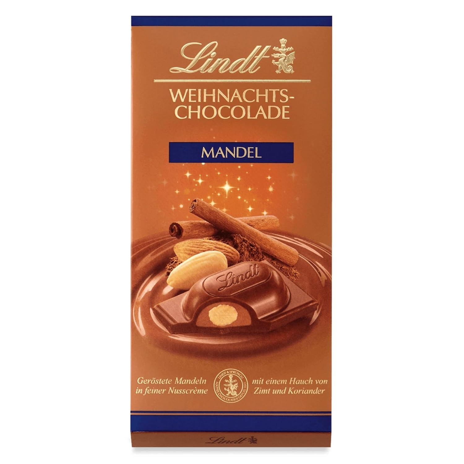 Barre de chocolat aux amandes de Noël Lindt | 100g | Amandes à la crème de noix recouvertes du meilleur chocolat au lait | Cadeau de Noël en chocolat