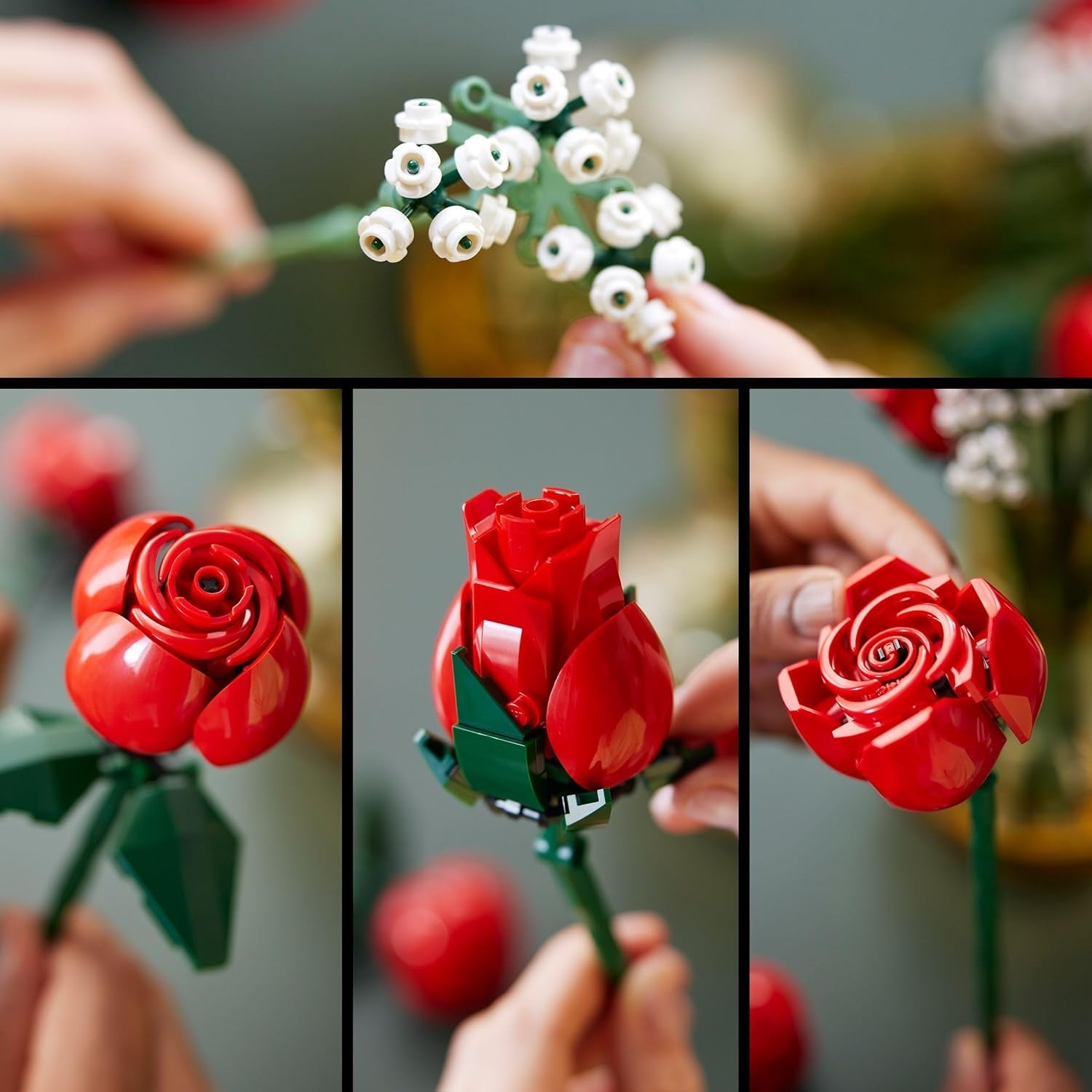 LEGO Botanicals Rosenstrauß - Set aus Kunstblumen für Erwachsene - mit 12 künstlichen Rosen & 4 Zweigen Schleierkraut - DIY Deko zum Bauen - Geschenkidee zum Muttertag - 10328