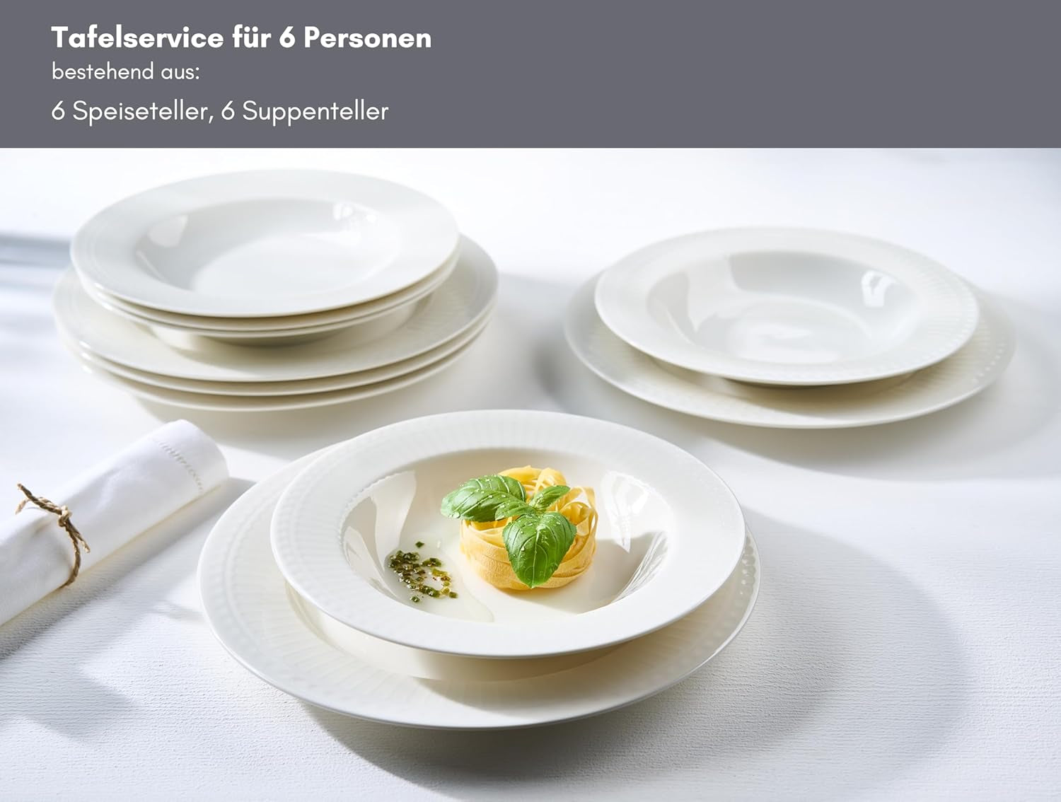 Ritzenhoff & Breker Sofia Service de table 12 pièces, plateau de table (26 cm) et plateau de table (22 cm) pour 6 personnes, set de table avec petits reliefs en relief, cuisine gastronomique, porcelaine, blanc