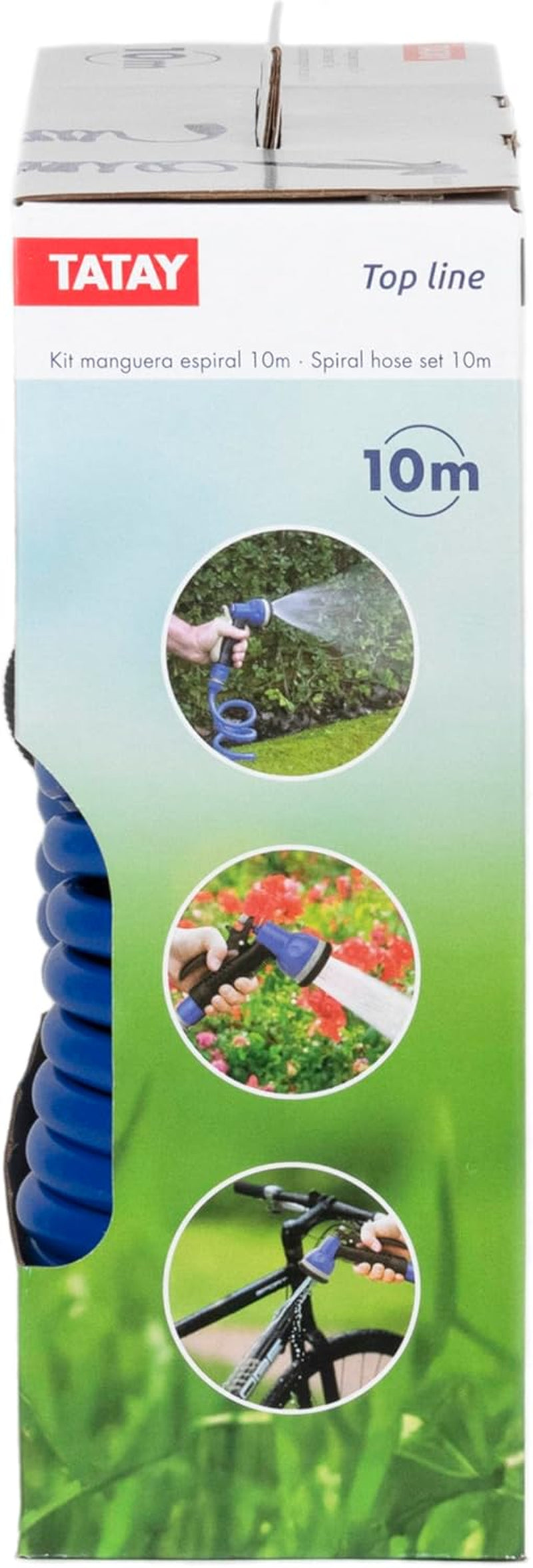 Set furtun spiralat TATAY 10 m cu accesorii din plastic cu protecție UV, ideal pentru terase și grădini mici.