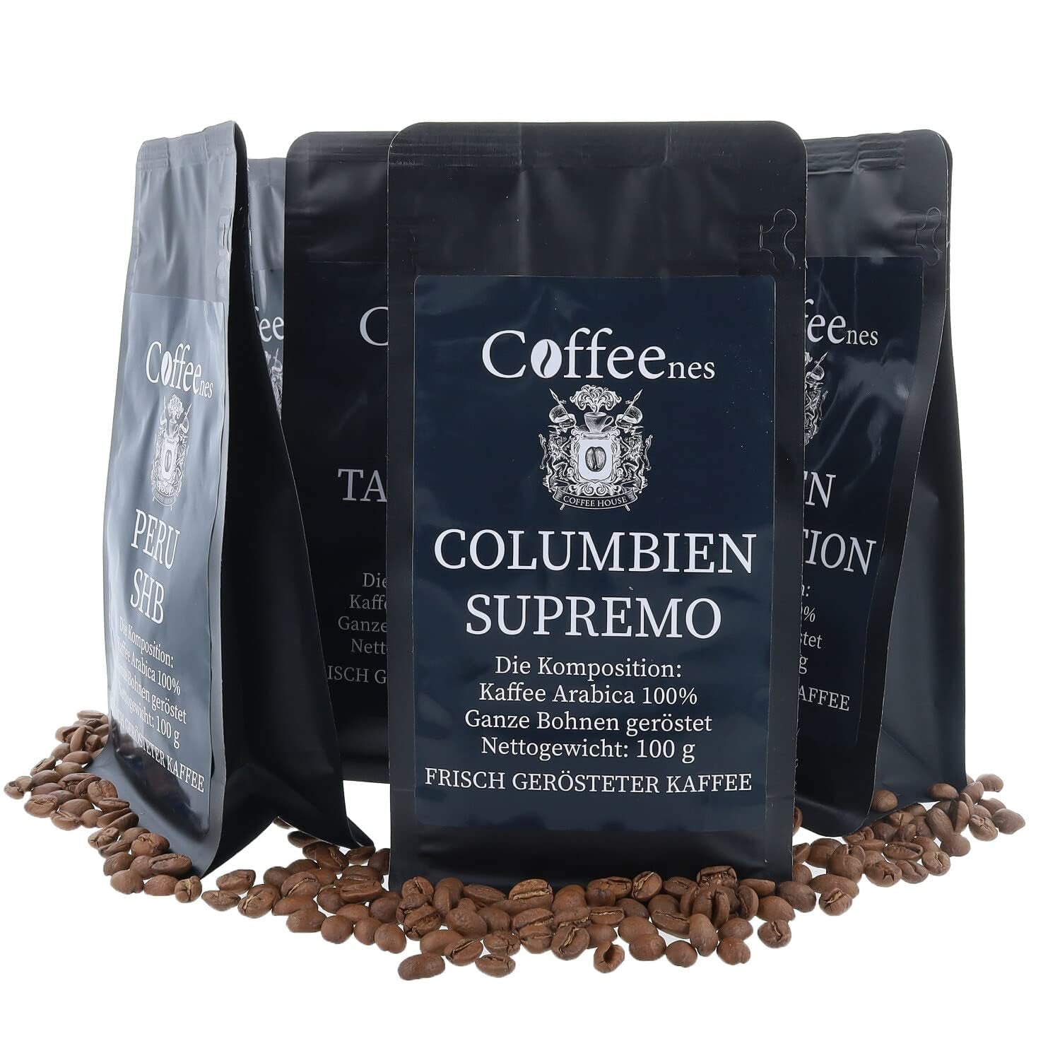 Coffeeness Kaffeebohnen Probierset – Kaffee Geschenk - 6 Sorten ganze Bohnen Arabica aus Brasilien, Pérou, Colombie, Tanzanie, Indien, Ouganda – 6 x 100g