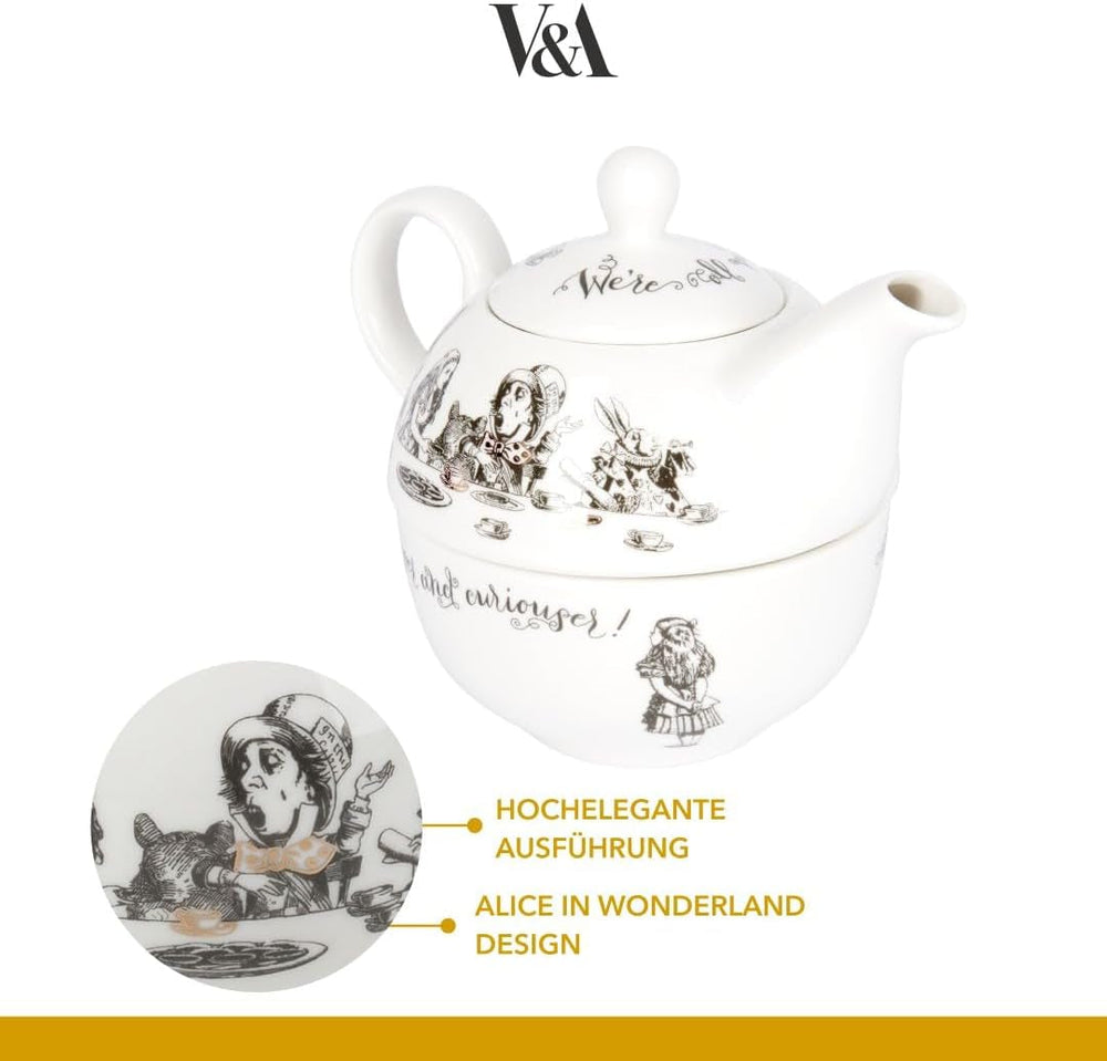 Set ceainic și ceașcă Alice în Țara Minunilor pentru 1 persoană în cutie cadou, serviciu de ceai din porțelan fin, alb, 250 ml
