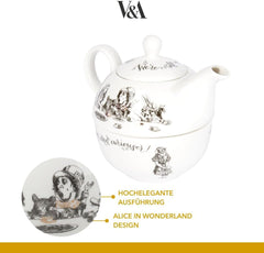 Set ceainic și ceașcă Alice în Țara Minunilor pentru 1 persoană în cutie cadou, serviciu de ceai din porțelan fin, alb, 250 ml