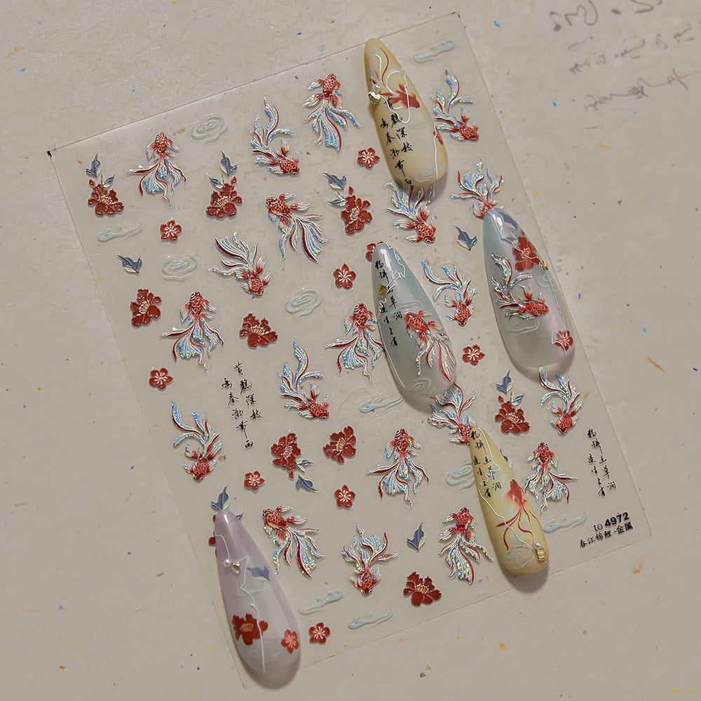 JMEOWIO 3D Nagelsticker Koi Fisch Nail Art Sticker Selbstklebend Nagelaufkleber 5D Stereoskopisch Dekoration Nageldesign Zubehör 1 Blatt