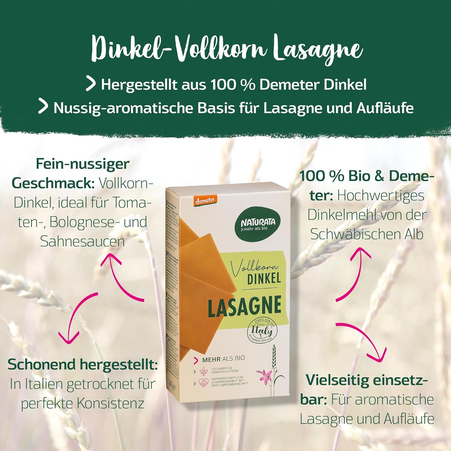 Feuilles de lasagnes à l'épeautre entier biologique, 250 g | Sort de Déméter des Alpes souabes | Saveur délicate de noix pour les lasagnes et les ragoûts