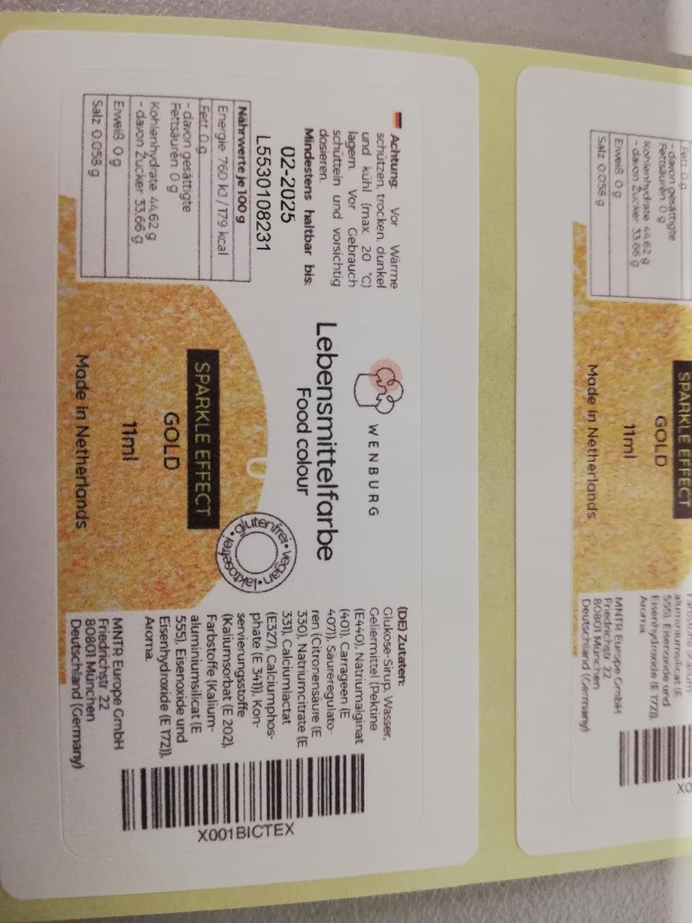 Colorant alimentaire Wenburg, pailleté, 11 ml, concentré, fabriqué en UE, liquide. Pour colorer la pâte, les boissons, les arômes, le slime - Colorant alimentaire à paillettes dorées - Colorant à gâteau doré - Paillettes dorées