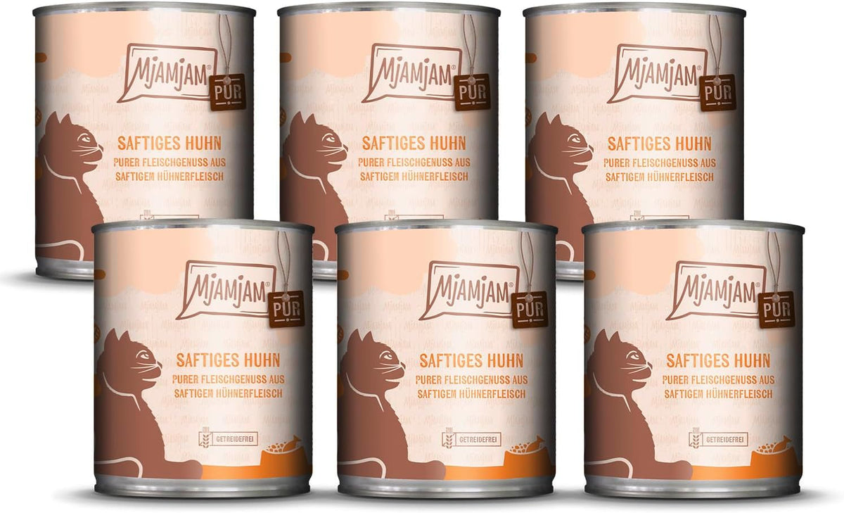 MjAMjAM - Nourriture humide de qualité supérieure pour chats - Plaisir de la viande pure - Paquet de 6 poulets juteux (6 x 800 g) sans céréales avec viande supplémentaire