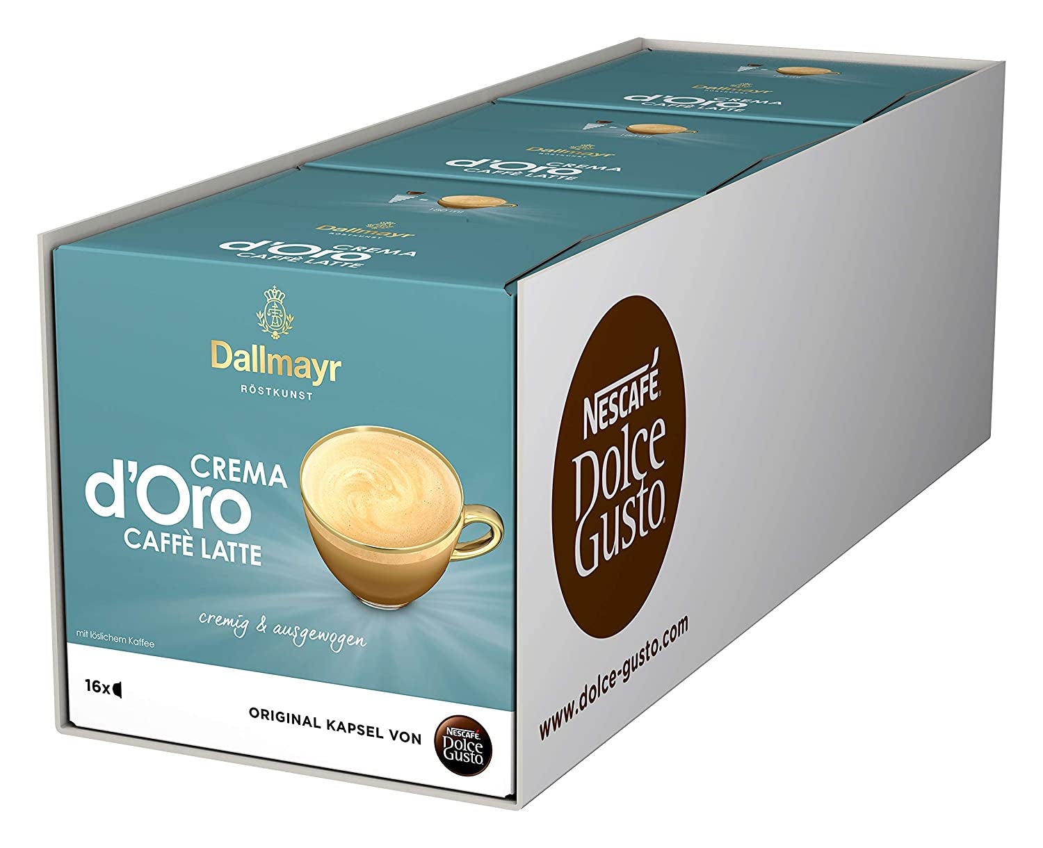 Dallmayr Crema d'Oro, XXL-Vorratsbox (3 x 30 Kapseln) & Dallmayr Crema d'Oro Caffè Latte (48 Kaffeekapseln, 48 Getränke, cremig & ausgefungen) 3er Pack (3 x 16 Kapseln)