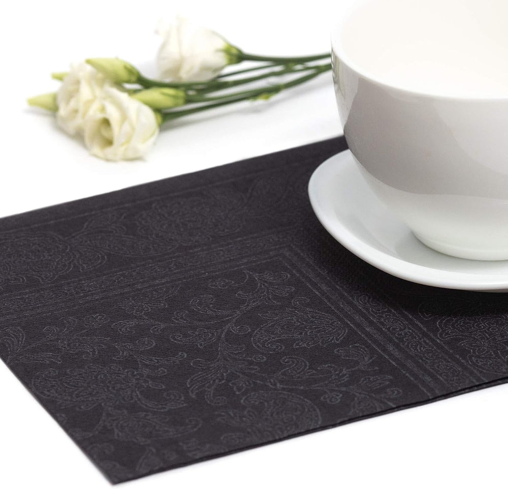 50 serviettes Collection ROYAL pli 1/4 40 X 40 noir "Ornements"
