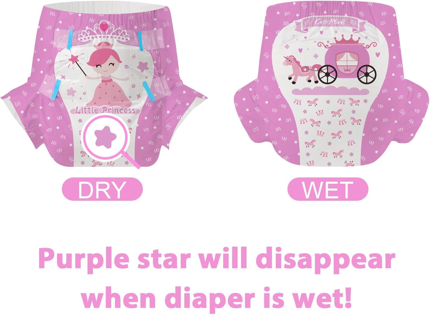 CutiePlusU Couches pour adultes, 10 pièces, culottes jetables pour incontinence avec drap pour femmes et hommes, absorption maximale pendant la nuit – Petite princesse (grande taille 94-119 cm)