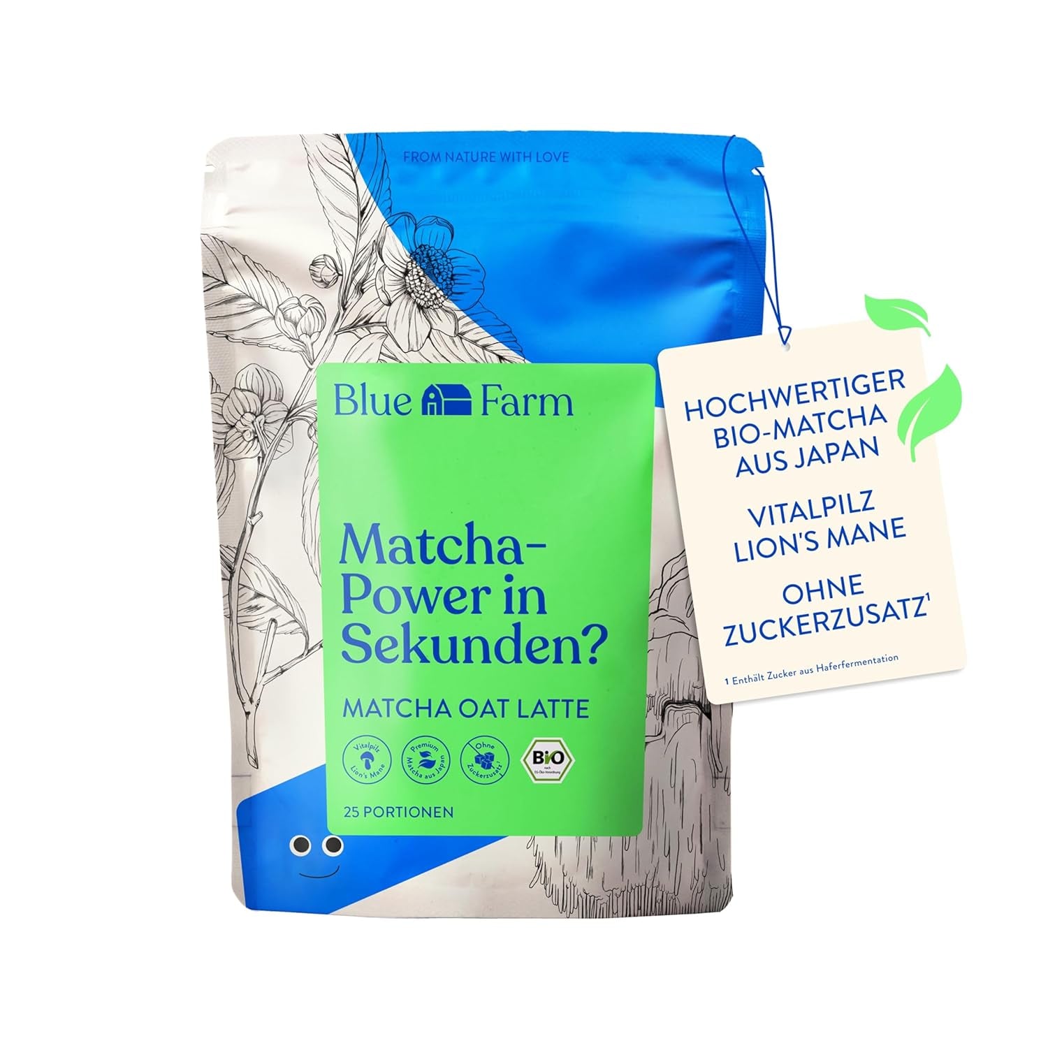 Blue Farm Bio Matcha Oat Latte auf Haferbasis ohne Zuckerzusatz - Mit dem Vitalpilz Lion's Mane - Vegan - sans lactose et sans gluten (300 g, Matcha)