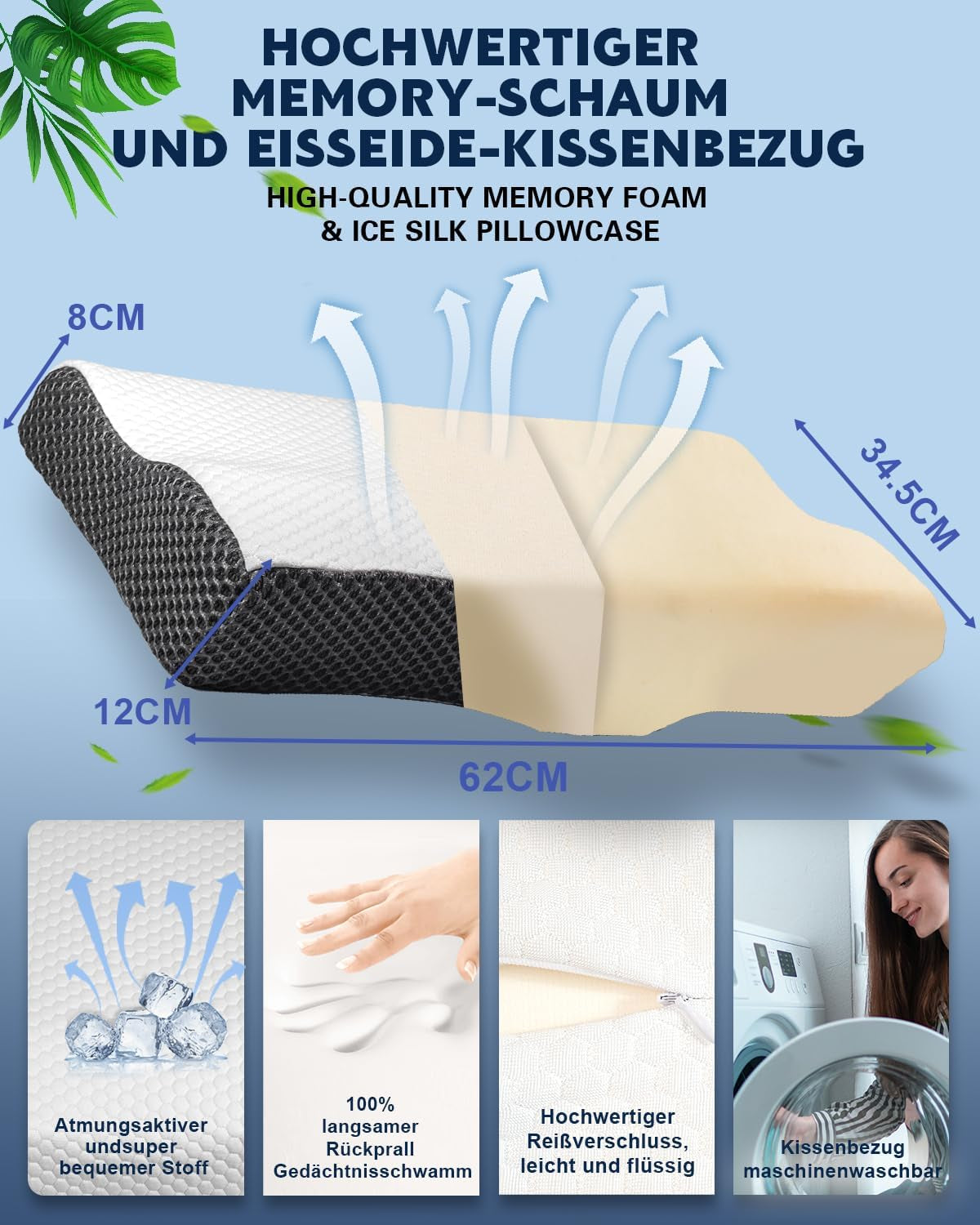 IDEA Oreiller, Oreiller Orthopédique Ergonomique pour Douleurs Cervicales, Oreiller en Mousse à Mémoire de Forme pour Dormeurs Latéraux, Dos et Abdominaux, Oreiller Anti-Ronflement pour Hommes Femmes (62 * 34,5 * 12/8CM) Oreillers Orthopédiques Cervicaux Naty Shop