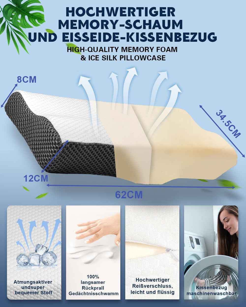 IDEA Oreiller, Oreiller Orthopédique Ergonomique pour Douleurs Cervicales, Oreiller en Mousse à Mémoire de Forme pour Dormeurs Latéraux, Dos et Abdominaux, Oreiller Anti-Ronflement pour Hommes Femmes (62 * 34,5 * 12/8CM) Oreillers Orthopédiques Cervicaux Naty Shop