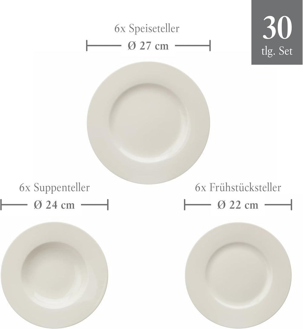 vivo - Villeroy & Boch Group - Service de table Basic White 30 pièces, lavable au lave-vaisselle et au micro-ondes, Service de table blanc, Service à café, Céramique, Assiettes, Tasses, Porcelaine Premium