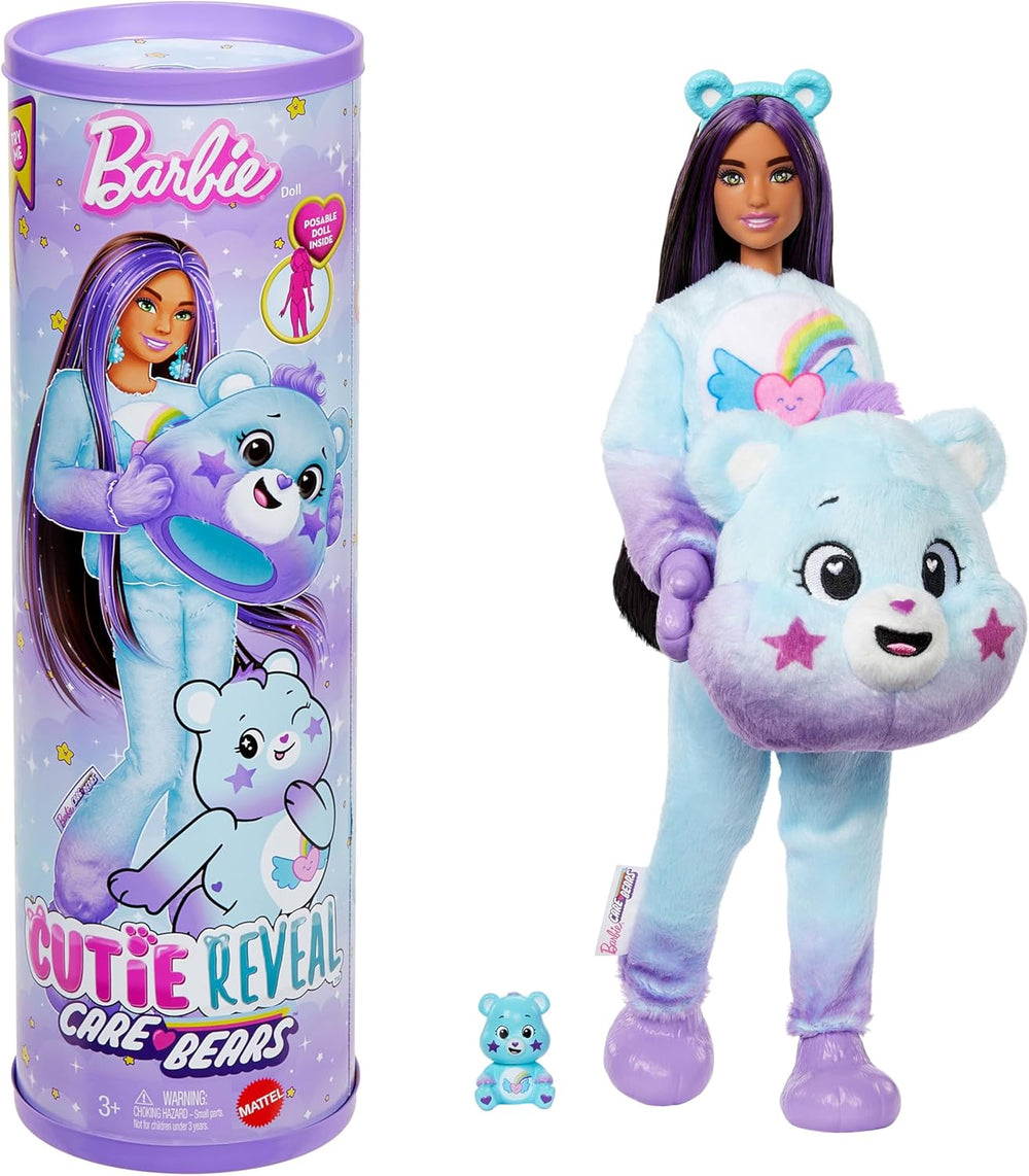 Barbie Cutie Reveal, poupée avec accessoires, Care Bears série 2, Dream Bright Bear avec 10 surprises, dont un changeur de couleur et un mini ours, JFV61