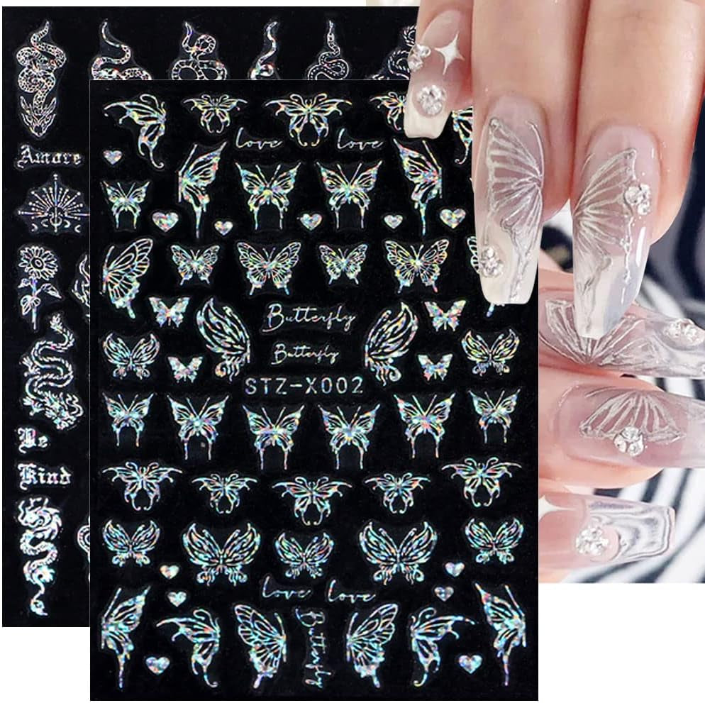 6 Blatt Schmetterling Nagelsticker Selbstklebend Laser Silber Schmetterlings Nagelaufkleber 3D Aurora Silber Schwarz Schmetterlinge Nagel Stickers Frühling Nageldesign Nail Sticker Nail Art Zubehör