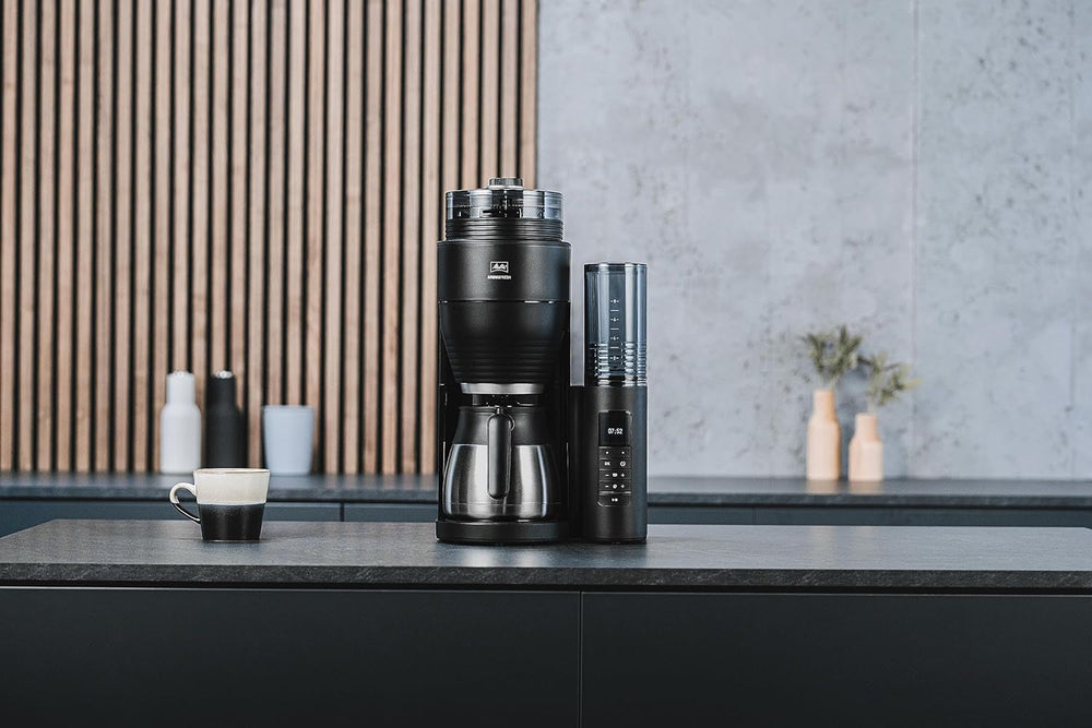 Melitta AromaFresh Therm Pro X - Machine à expresso avec filtre, moulin intégré, réservoir d'eau amovible, carafe thermique en acier inoxydable et fonction minuterie, pour jusqu'à 8 tasses de café, noir/argent