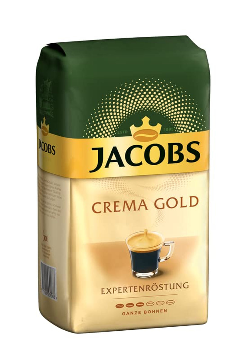 Café en grains Jacobs Café Crema Gold 1kg – Corsé, aromatique, aux notes fruitées, grains Arabica et Robusta, intensité 5/10, idéal pour Café Crema (pack de 3)