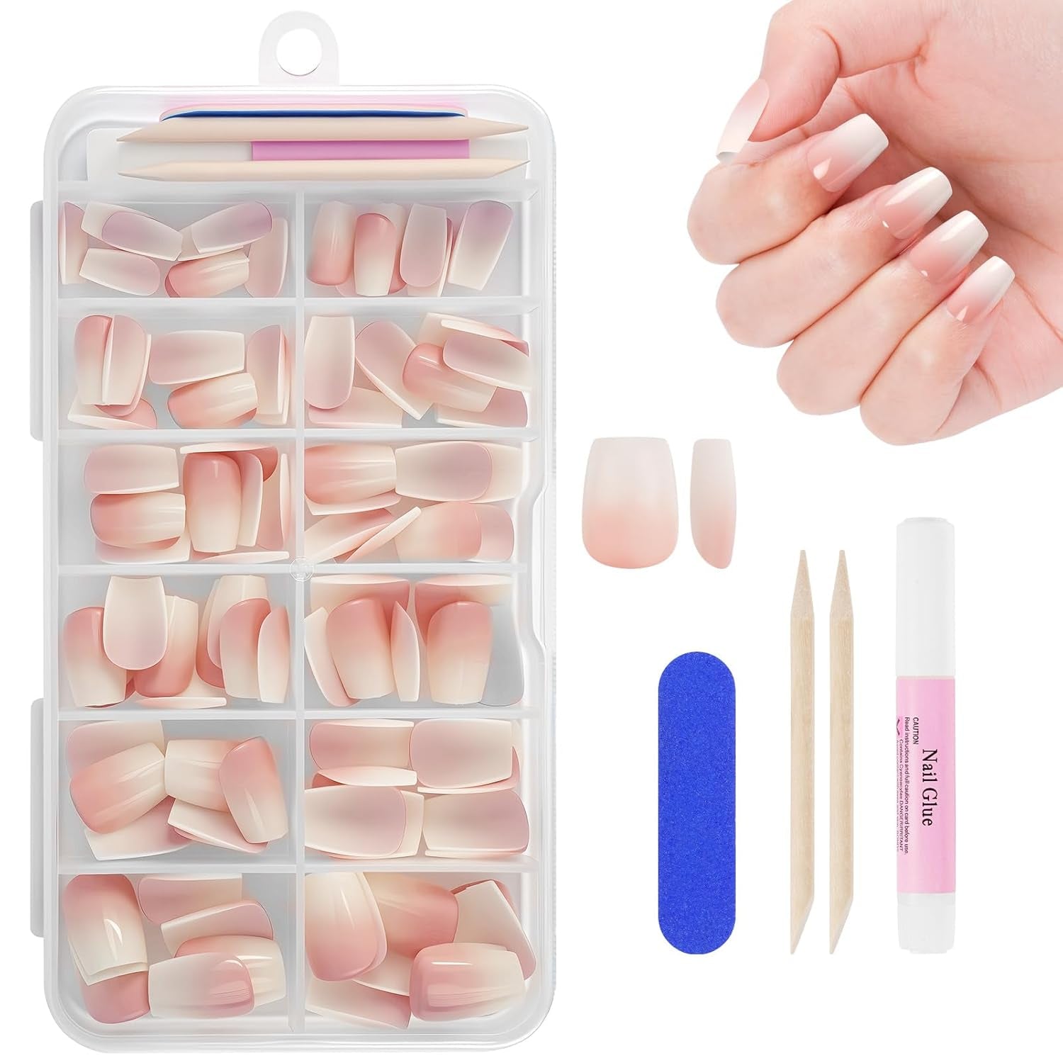 Lot de 240 faux ongles à pression française, 12 tailles, faux ongles avec colle pour femmes et hommes (blanc nu amande moyenne)