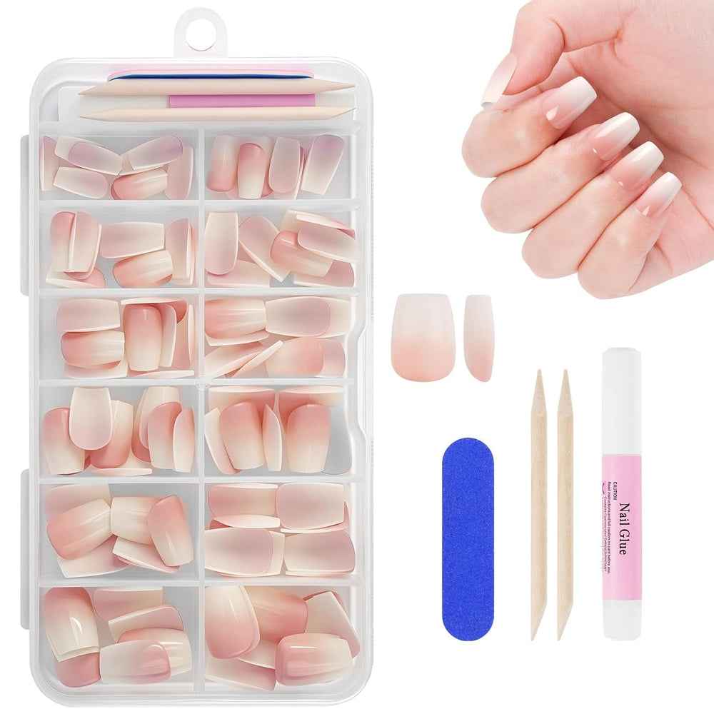 Lot de 240 faux ongles à pression française, 12 tailles, faux ongles avec colle pour femmes et hommes (blanc nu amande moyenne)