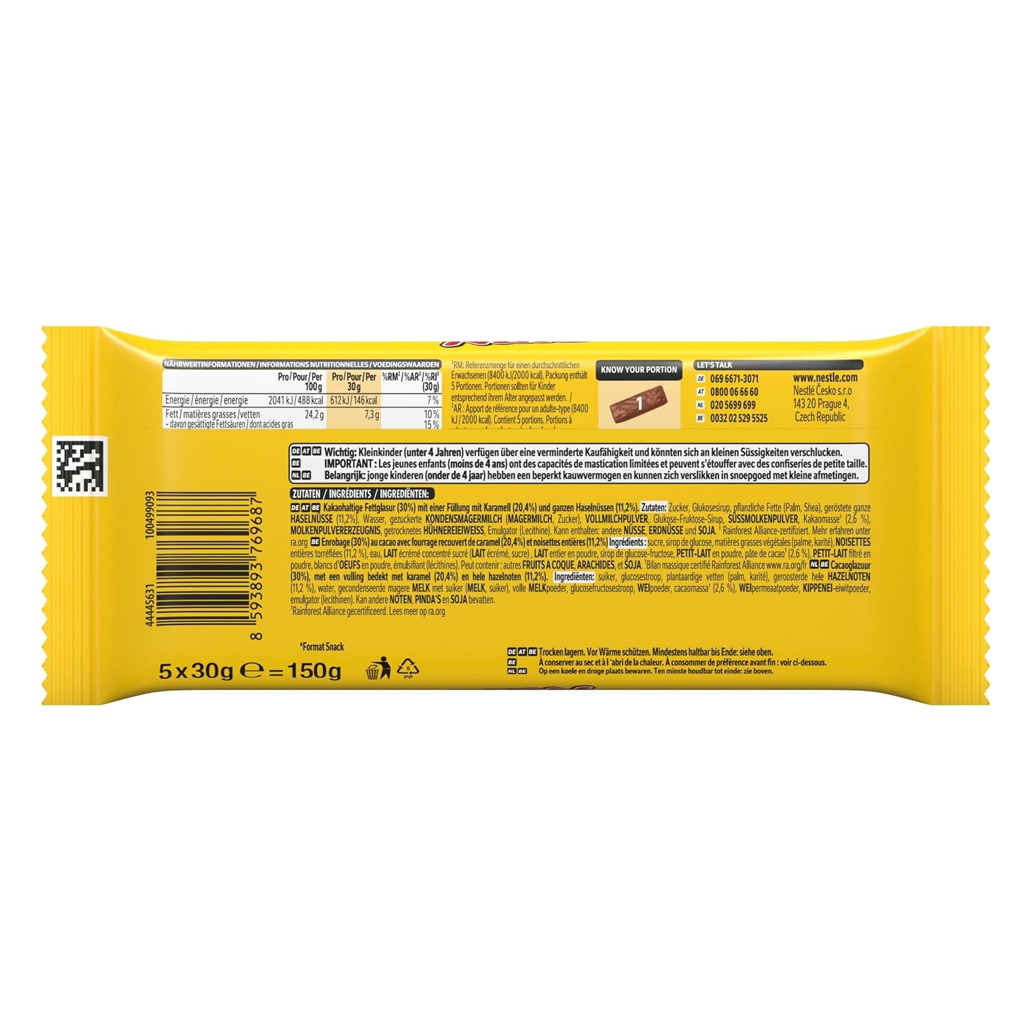 Nestlé NUTS, barres de chocolat aux noisettes fourrées au caramel, noisettes entières et délicieuse crème de bonbons, enrobées de chocolat au lait, 1 paquet (5 x 30 g)