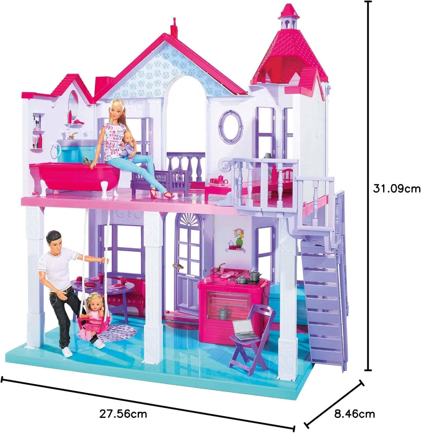Simba 104661996 - Steffi Love Dreamhouse, grande maison de jeu, 4 pièces, sans marionnettes, 84 cm de haut, deux étages, cloche fonctionnelle, maisons de poupées pliables Naty Shop