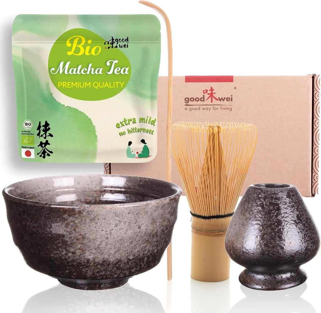 Set Goodwei Matcha cu tel pentru matcha, bol pentru matcha, suport pentru tel din ceramică și ceai matcha organic din Japonia | Set cadou (Kumo)