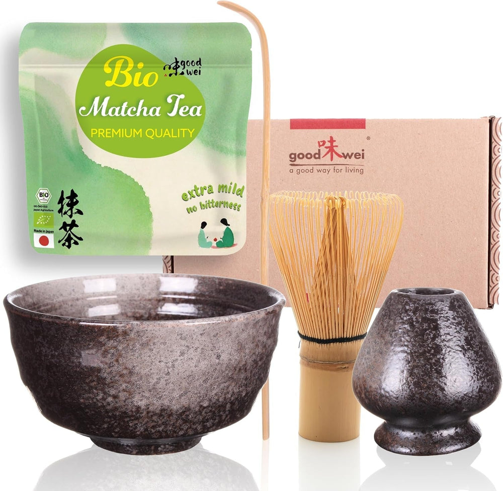 Set Goodwei Matcha cu tel pentru matcha, bol pentru matcha, suport pentru tel din ceramică și ceai matcha organic din Japonia | Set cadou (Kumo)